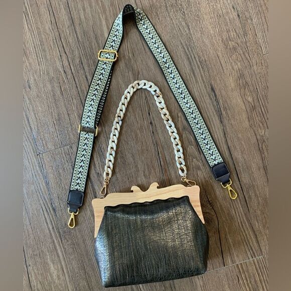 Handmade Genuine Cowhide Embossed  Leather Wooden Frame Purse & 2 Strap Styles - Picture 2 of 15